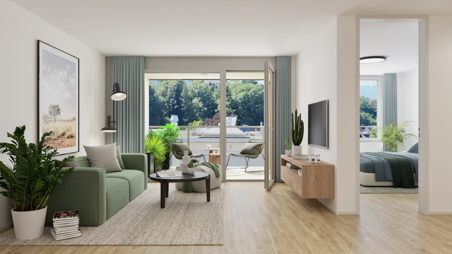 LOU Luzern, séjour d’un appartement de 2,5 pièces avec vue sur la loggia — visualisation intérieure